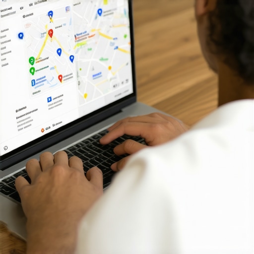 Person reviewing local SEO metrics on a laptop with Google Maps and search results on screen