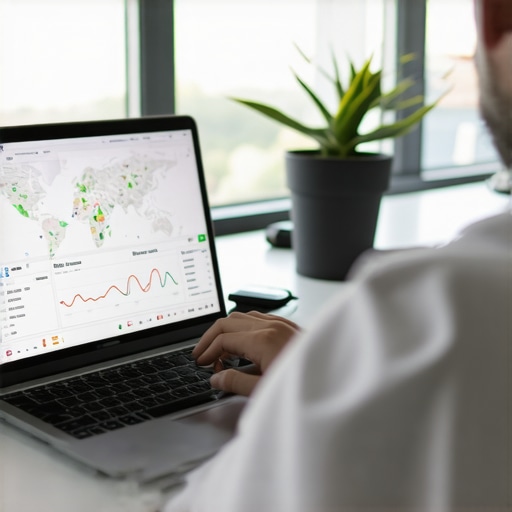 Business owner reviewing local SEO analytics on a laptop with maps and graphs