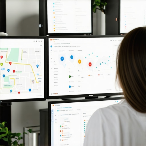 Person managing local SEO with analytics and citation tools on screens.