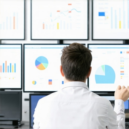 Person reviewing local SEO metrics on multiple monitors in an office.