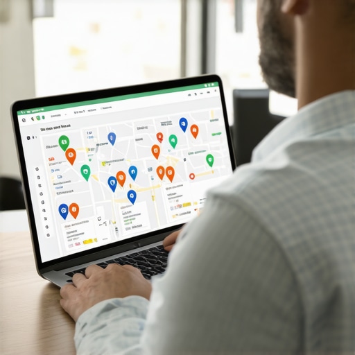 Business owner reviewing local SEO performance on laptop with map interface
