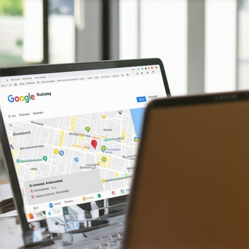 Business owner updating Google My Business profile on a laptop with local map overlays