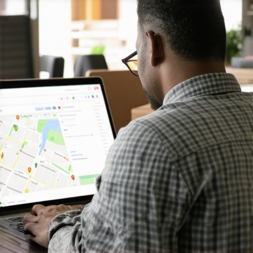 Business owner correcting and updating NAP details on local directories using a laptop, related to map pack SEO.