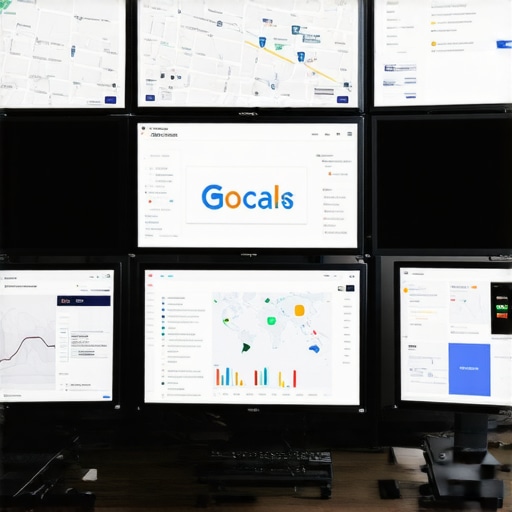 Multiple monitors showcasing analytics dashboards for local SEO and map rankings.