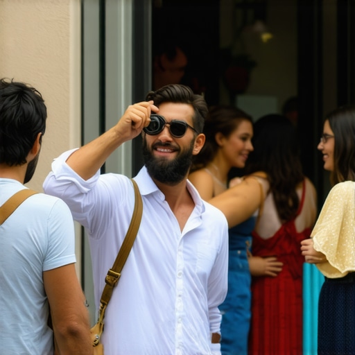 Business owner photographing satisfied customers outdoors