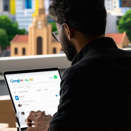 Business owner optimizing Google My Business profile on computer with local landmarks in background.