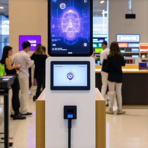 Retail store showcasing biometric payment, NFC sensors, and AR visual signals that boost local map rankings