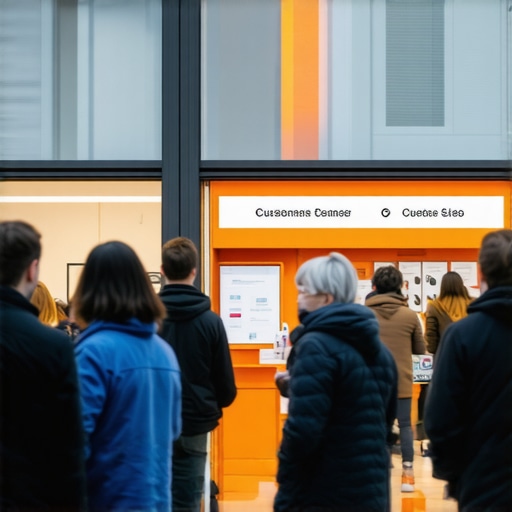 Illustration of a storefront with digital signals representing real-time customer engagement and sensor data indicating active foot traffic.