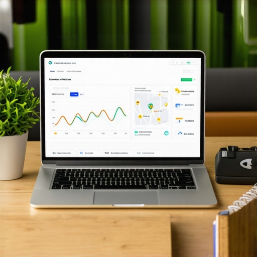 Local SEO Tools and Analytics Dashboard Laptop showing local SEO analytics and GPS signal icons.