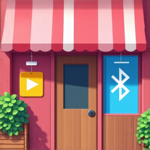 Business storefront with digital interaction icons like Bluetooth, social check-ins, and video content
