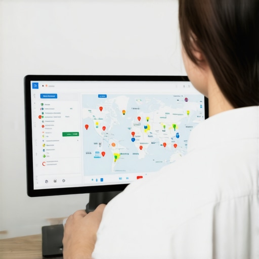 A person working on a laptop with various SEO analytics and mapping tools visible on screen.