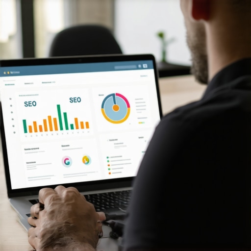 Business professional analyzing SEO data on a computer screen in a modern office.