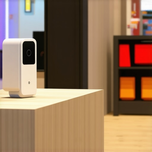 Interior of retail store equipped with technology sensors, QR codes, and foot traffic monitors