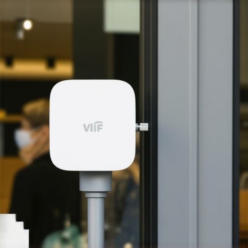 Wi-Fi access point outdoors near storefront indicating signal coverage for customers.